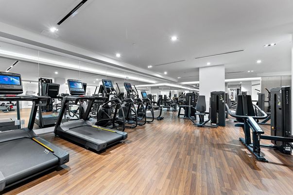 Fitness Equipment, Gym, Interior, Recessed Lighting, Wood Texture Flooring