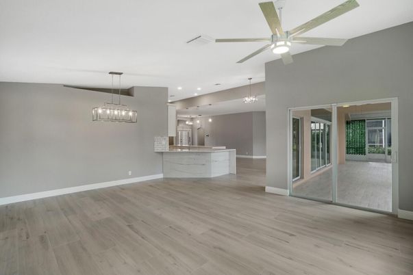 Empty room, Interior, Kitchen, Pendant Lights, Recessed Lighting, Wood Texture Flooring