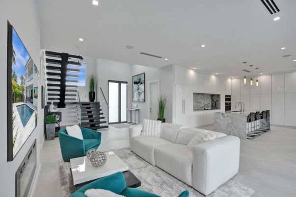 Interior, Kitchen, Living room, Marble Walls, Pendant Lights, Recessed Lighting