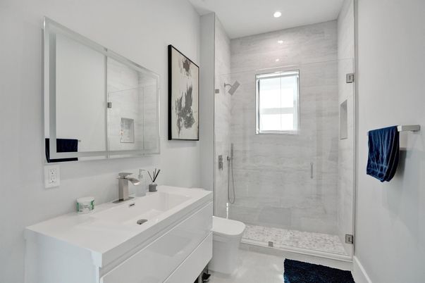 Bathroom, Glass Shower, Interior, Marble Walls, Recessed Lighting