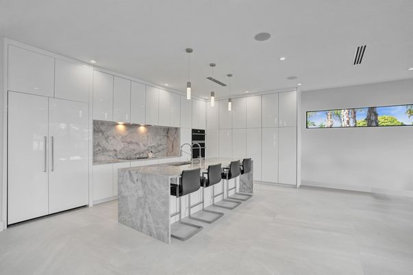 Interior, Kitchen, Marble Walls, Pendant Lights, Recessed Lighting