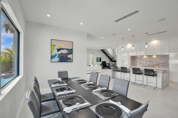 Dining room, Interior, Kitchen, Marble Walls, Pendant Lights, Recessed Lighting
