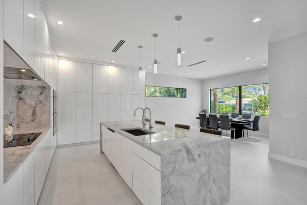 Dining room, Interior, Kitchen, Marble Walls, Pendant Lights, Recessed Lighting