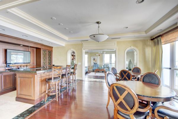 Dining room, Interior, Pendant Lights, Recessed Lighting, Wood Texture Flooring
