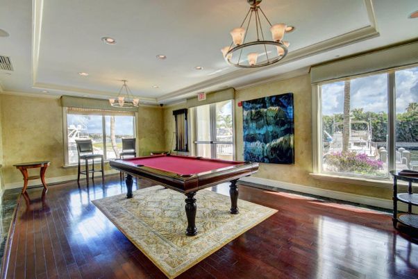 Billiard Table, Chandelier, Game Room, Interior, Pendant Lights, Recessed Lighting, Wood Texture Flooring