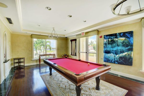 Billiard Table, Game Room, Interior, Pendant Lights, Recessed Lighting, Wood Texture Flooring