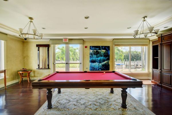 Billiard Table, Chandelier, Game Room, Interior, Pendant Lights, Recessed Lighting, Wood Texture Flooring