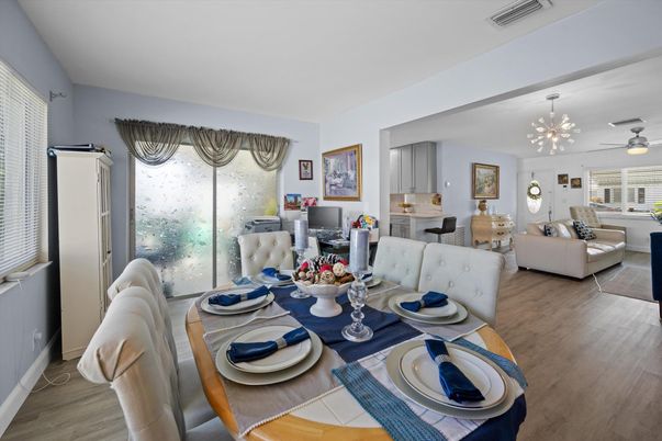 Dining room, Interior, Living room, Pendant Lights, Wood Texture Flooring