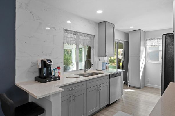 Interior, Kitchen, Marble Walls, Recessed Lighting, Wood Texture Flooring