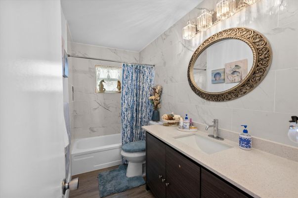 Bathroom, Interior, Marble Walls, Wood Texture Flooring