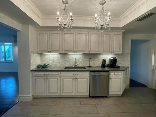 Chandelier, Interior, Kitchen, Stainless Steel Appliances