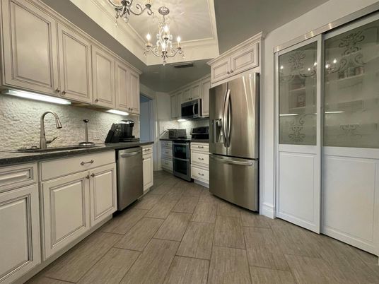 Chandelier, Interior, Kitchen, Stainless Steel Appliances