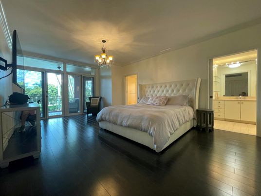 Bedroom, Chandelier, Interior, Wood Texture Flooring