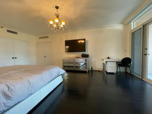 Bedroom, Chandelier, Interior, Wood Texture Flooring