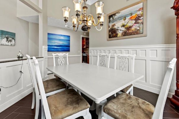 Chandelier, Dining room, Interior, Wood Texture Flooring