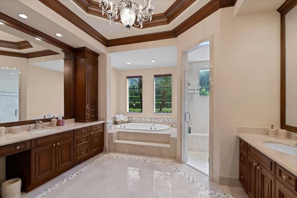 Bathroom, Chandelier, Dual Sink Vanities, Interior, Recessed Lighting