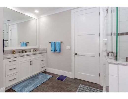 Bathroom, Dual Sink Vanities, Glass Shower, Interior, Recessed Lighting, Wood Texture Flooring