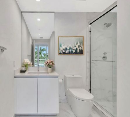 Bathroom, Glass Shower, Interior, Marble, Marble Walls, Recessed Lighting