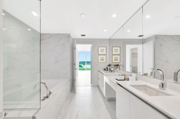 Bathroom, Dual Sink Vanities, Glass Shower, Interior, Marble, Marble Walls, Recessed Lighting