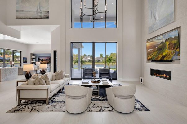 Chandelier, Fireplace, Interior, Living room, Recessed Lighting, Water