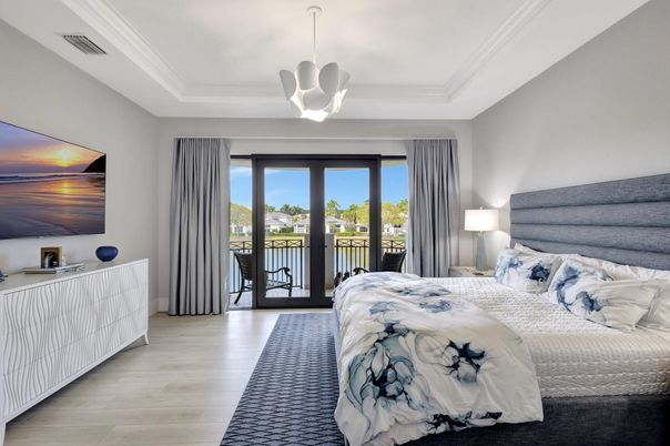 Bedroom, Interior, Pendant Lights, Water, Wood Texture Flooring