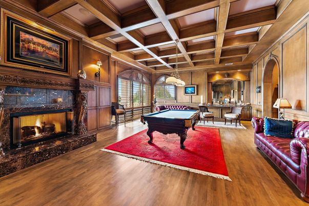 Billiard Table, Fireplace, Game Room, Interior, Pendant Lights, Recessed Lighting, Wooden Beams, Wooden Ceilings, Wood Texture Flooring, Wooden Walls