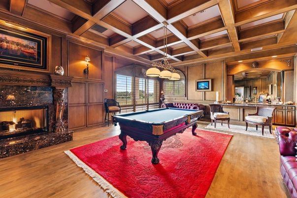 Billiard Table, Fireplace, Game Room, Interior, Pendant Lights, Recessed Lighting, Wooden Beams, Wooden Ceilings, Wood Texture Flooring, Wooden Walls