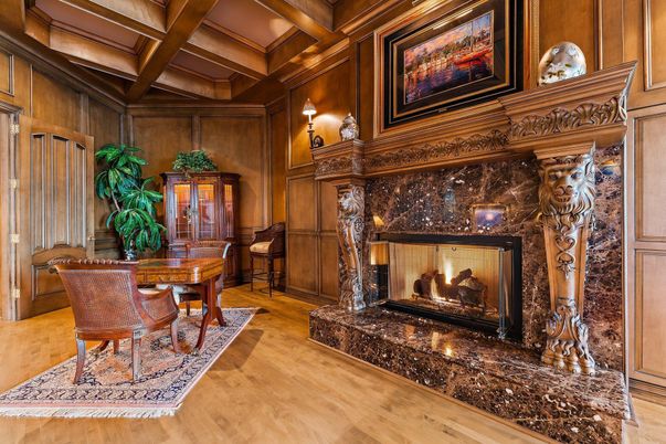 Fireplace, Home Office, Interior, Wooden Beams, Wood Texture Flooring, Wooden Walls