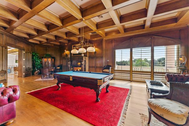 Billiard Table, Chandelier, Game Room, Interior, Pendant Lights, Wooden Beams, Wood Texture Flooring, Wooden Walls