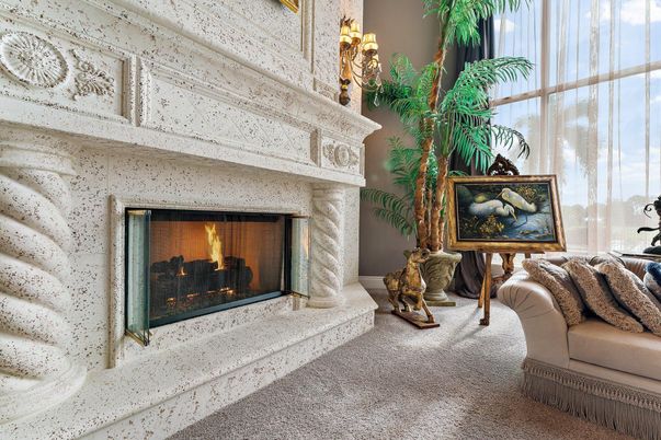 Chandelier, Fireplace, Interior