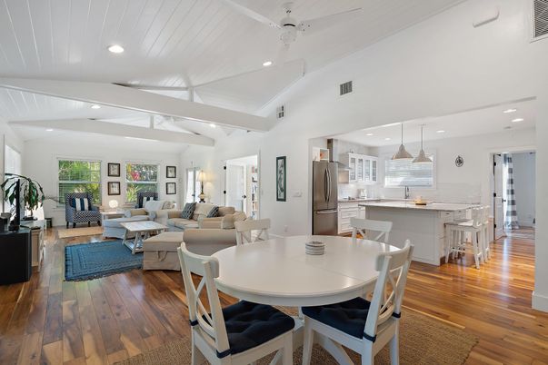Dining room, Interior, Kitchen, Living room, Pendant Lights, Recessed Lighting, Stainless Steel Appliances, Wood Texture Flooring