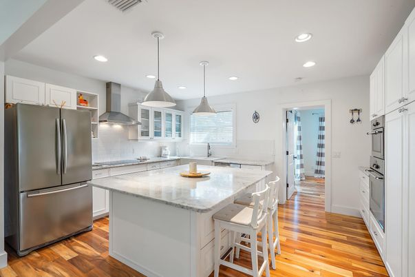 Interior, Kitchen, Pendant Lights, Recessed Lighting, Stainless Steel Appliances, Wood Texture Flooring