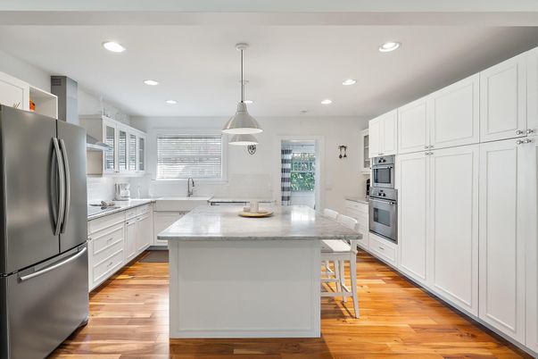 Interior, Kitchen, Pendant Lights, Recessed Lighting, Stainless Steel Appliances, Wood Texture Flooring