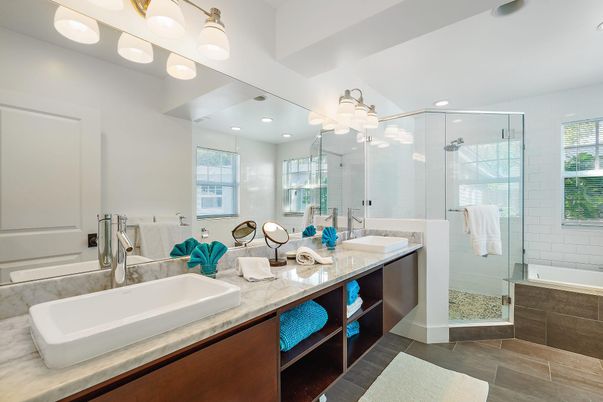 Bathroom, Dual Sink Vanities, Glass Shower, Interior, Recessed Lighting, Wood Texture Flooring