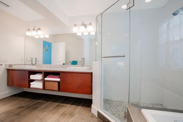 Bathroom, Dual Sink Vanities, Glass Shower, Interior, Wood Texture Flooring