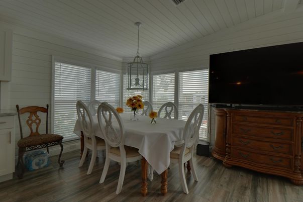 Dining room, Interior, Pendant Lights, Wood Texture Flooring