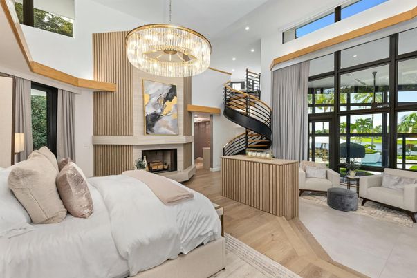 Bedroom, Chandelier, Fireplace, Interior, Recessed Lighting, Wood Texture Flooring