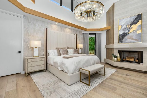 Bedroom, Chandelier, Fireplace, Interior, Recessed Lighting, Wood Texture Flooring