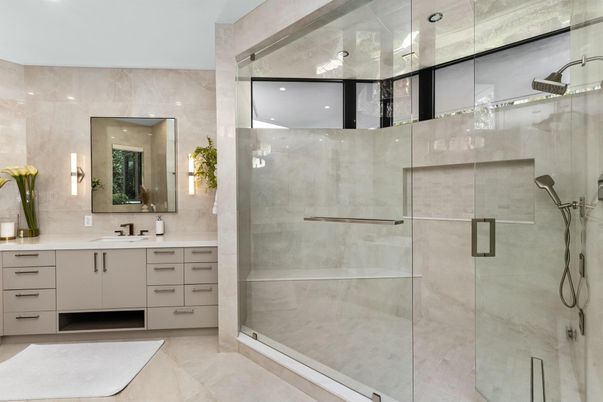 Bathroom, Dual Sink Vanities, Glass Shower, Interior, Recessed Lighting