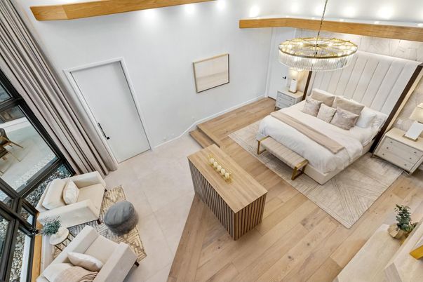 Bedroom, Chandelier, Interior, Living room, Recessed Lighting, Wood Texture Flooring