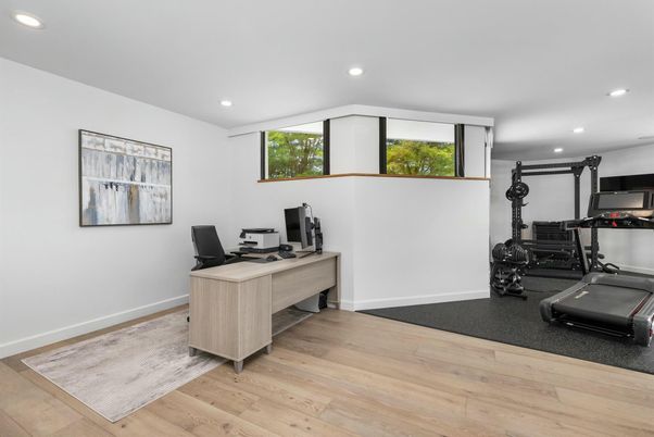 Fitness Equipment, Home Office, Interior, Recessed Lighting, Wood Texture Flooring
