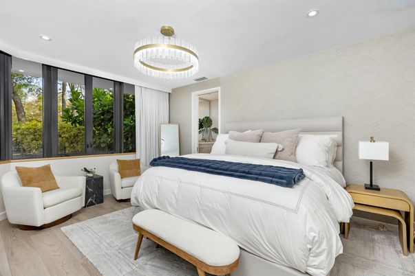 Bedroom, Chandelier, Interior, Recessed Lighting, Wood Texture Flooring