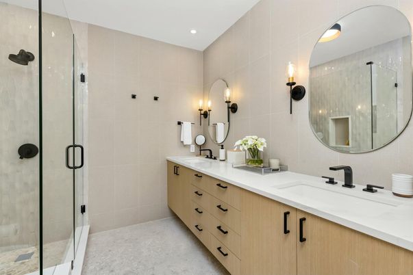 Bathroom, Dual Sink Vanities, Glass Shower, Interior, Recessed Lighting
