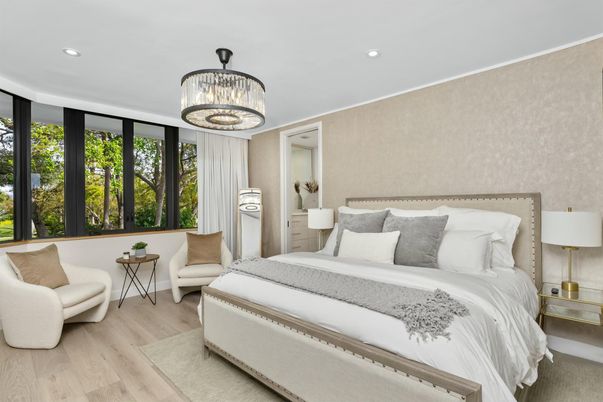 Bedroom, Chandelier, Interior, Recessed Lighting, Wood Texture Flooring