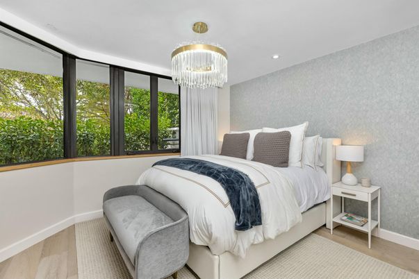Bedroom, Chandelier, Interior, Recessed Lighting, Wood Texture Flooring
