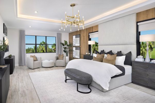 Bedroom, Interior, Pendant Lights, Recessed Lighting, Wood Texture Flooring