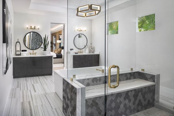 Bathroom, Dual Sink Vanities, Glass Shower, Interior, Pendant Lights