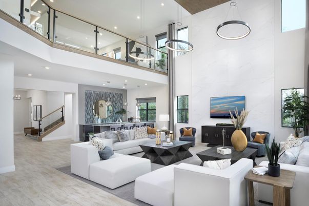 Interior, Living room, Marble Walls, Pendant Lights, Recessed Lighting, Wood Texture Flooring