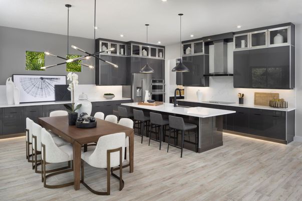 Dining room, Interior, Kitchen, Pendant Lights, Recessed Lighting, Stainless Steel Appliances, Wood Texture Flooring