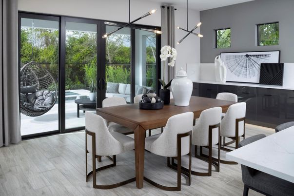 Dining room, Interior, Pendant Lights, Wood Texture Flooring